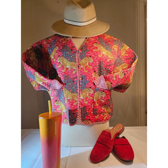 Artisan screen-print quilted jacket, jungle leopards, 100 % cotton, reversible - Picture 3 of 14